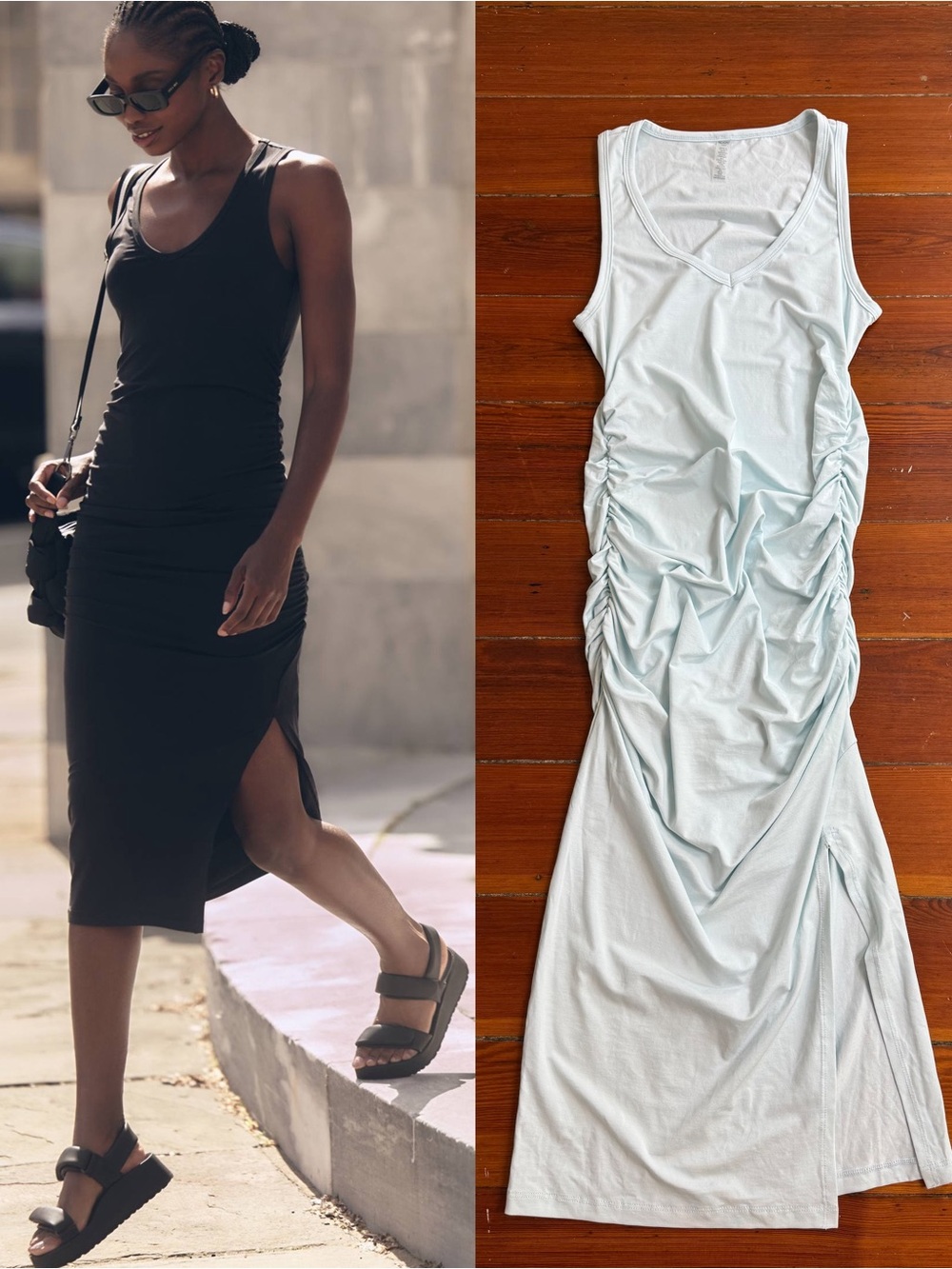 Beyond Yoga Fit The Mood Bodycon Ruched Midi Dress Light Blue Sz S 🧡🍄